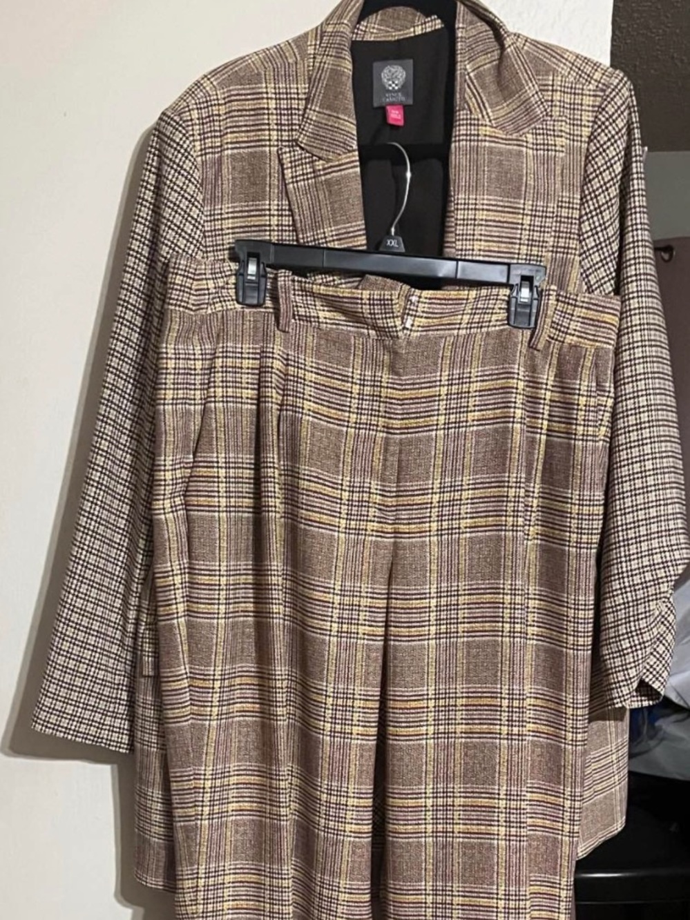 Vince Camuto Woman Within Brown Plaid Blazer and pants Set with Yellow Accent